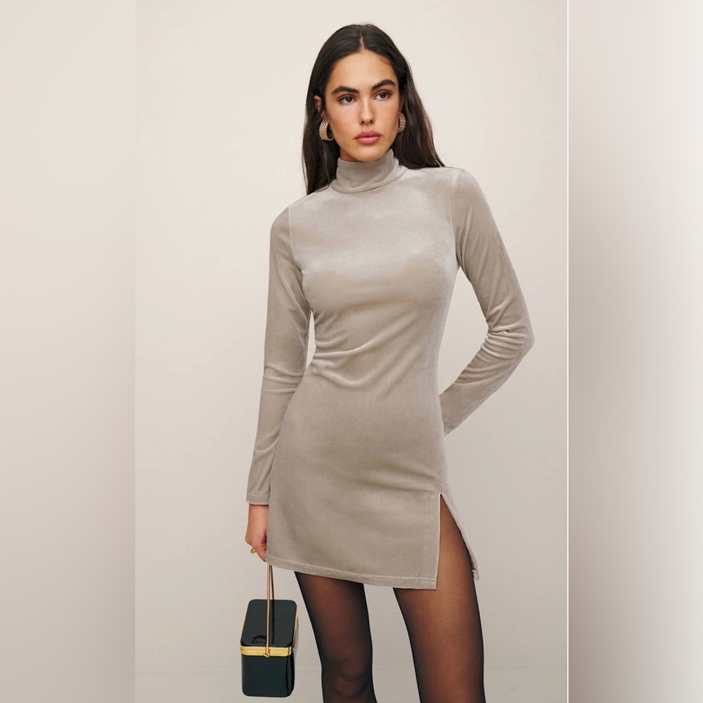 Reformation Taupe Velvet Turtleneck Mini Dress